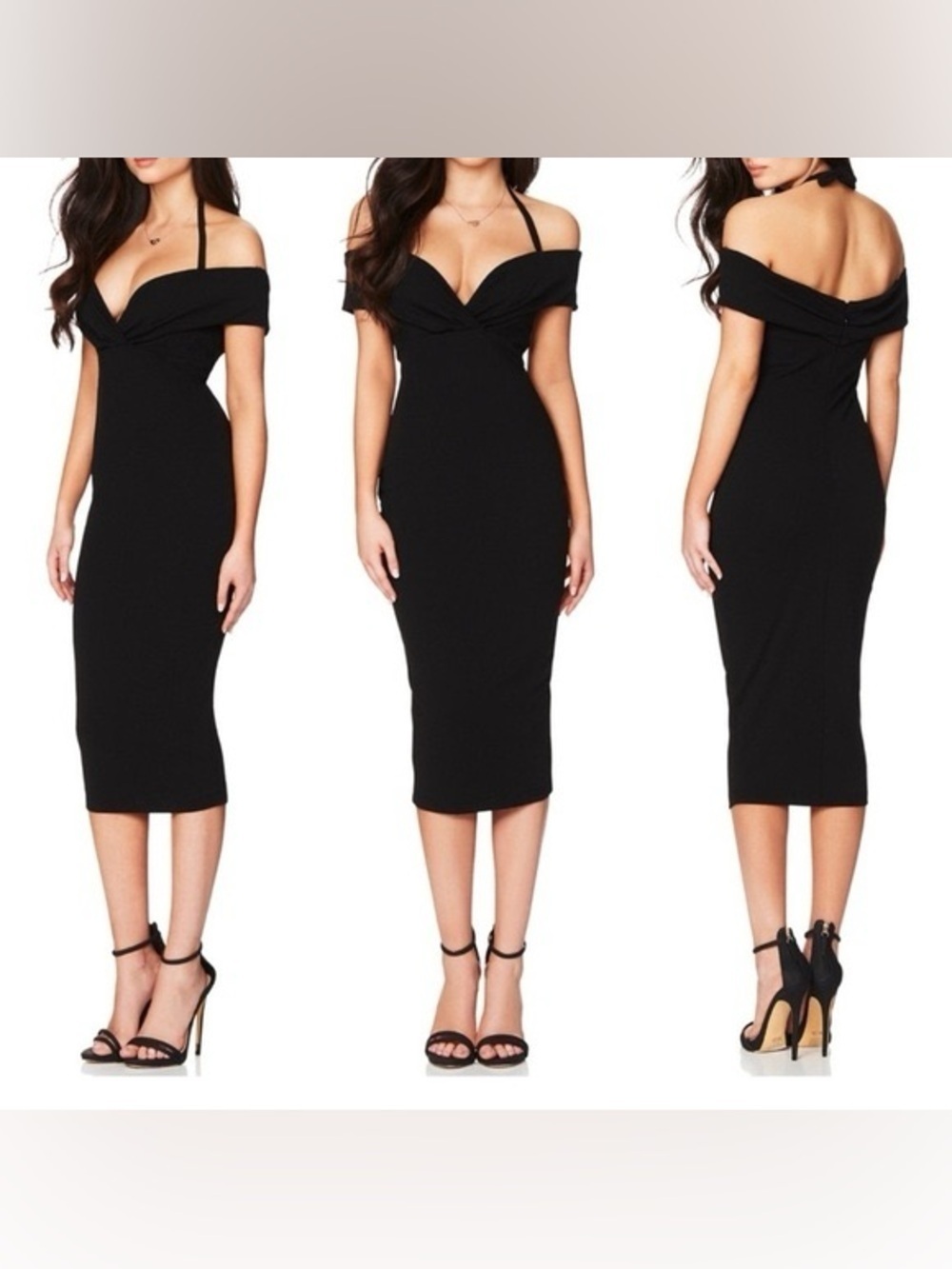 NWT Nookie Athena Black Off-Shoulder Midi Dress with Detachable Halter Medium